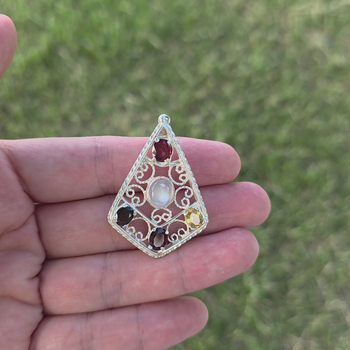 HP0004 Moonstone Shield Pendant Multi Gem Sterling Silver